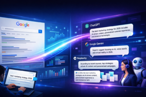 Futuristic digital marketing illustration showing a shift from traditional search engine optimization with Google results and analytics to AI tools generating summarized answers in chat interfaces.